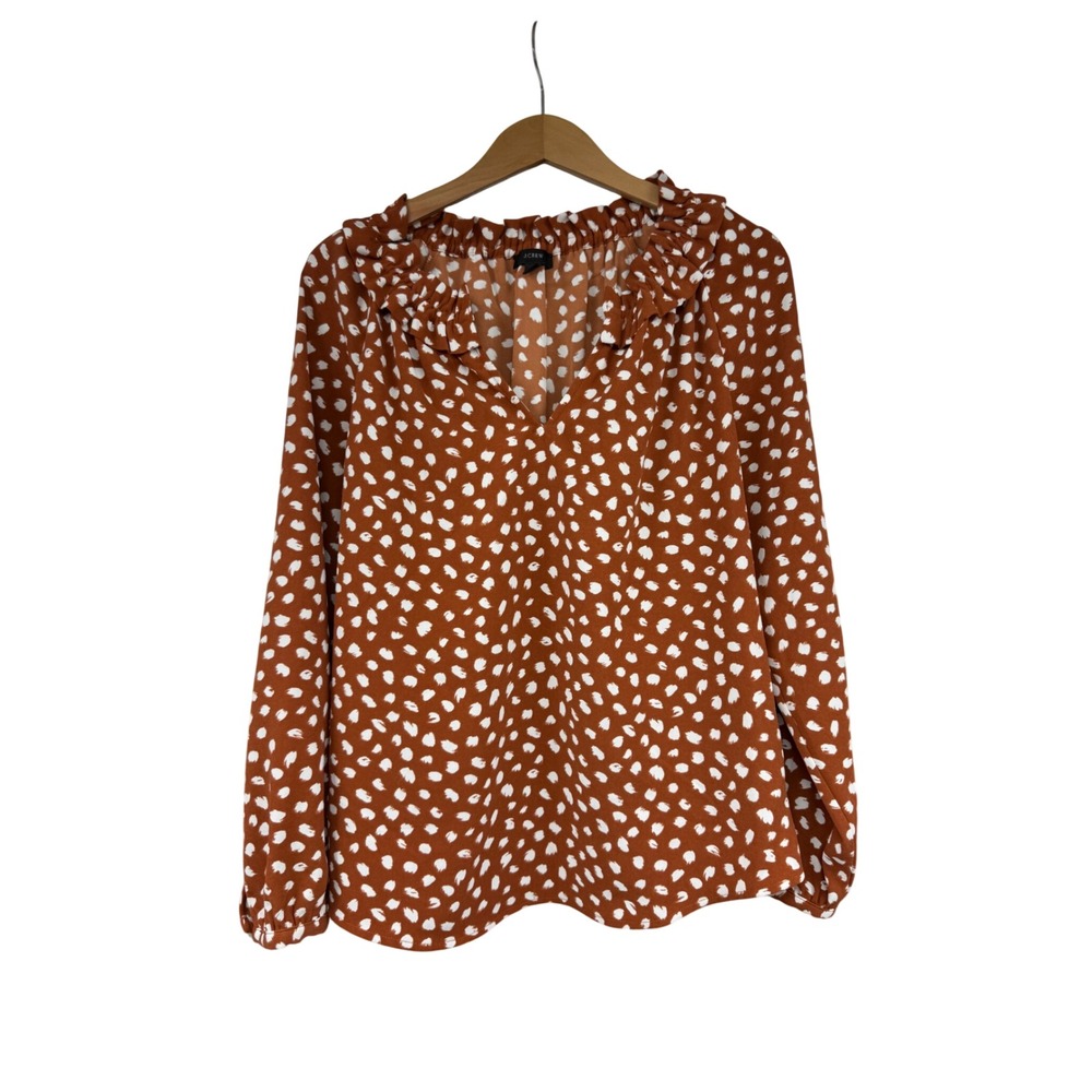 J.Crew Womens Ruffle Neck Blouse Rust Orange White Polka Dot V-Neck Top Small